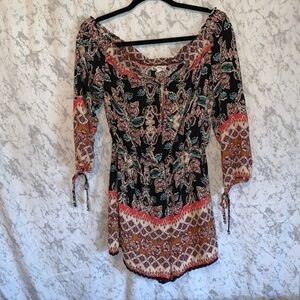 About A Girl Romper Off the Shoulder Black Multi Color Floral Size Medium